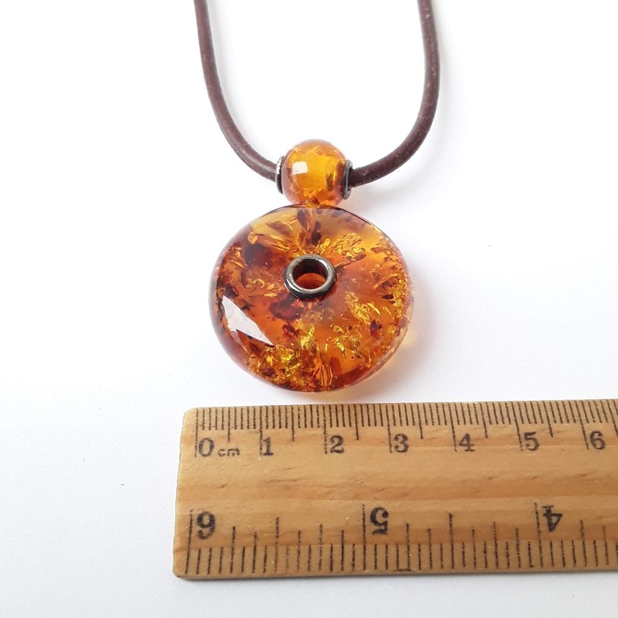 Baltic amber pendant donut gemstone round pendant amber circle on leather cord