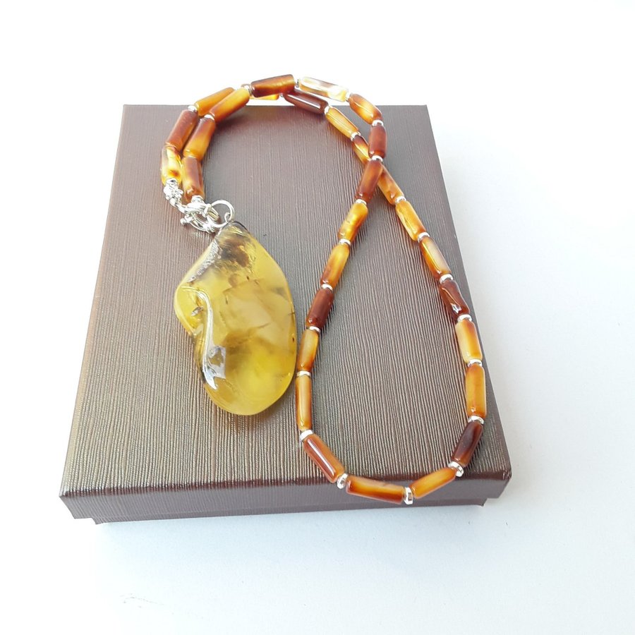 Big yellow Baltic amber gemstone pendant necklace large raw stone honey pendant