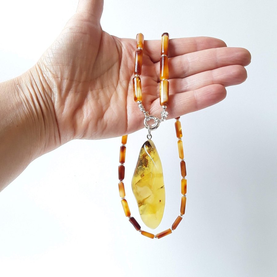 Big yellow Baltic amber gemstone pendant necklace large raw stone honey pendant