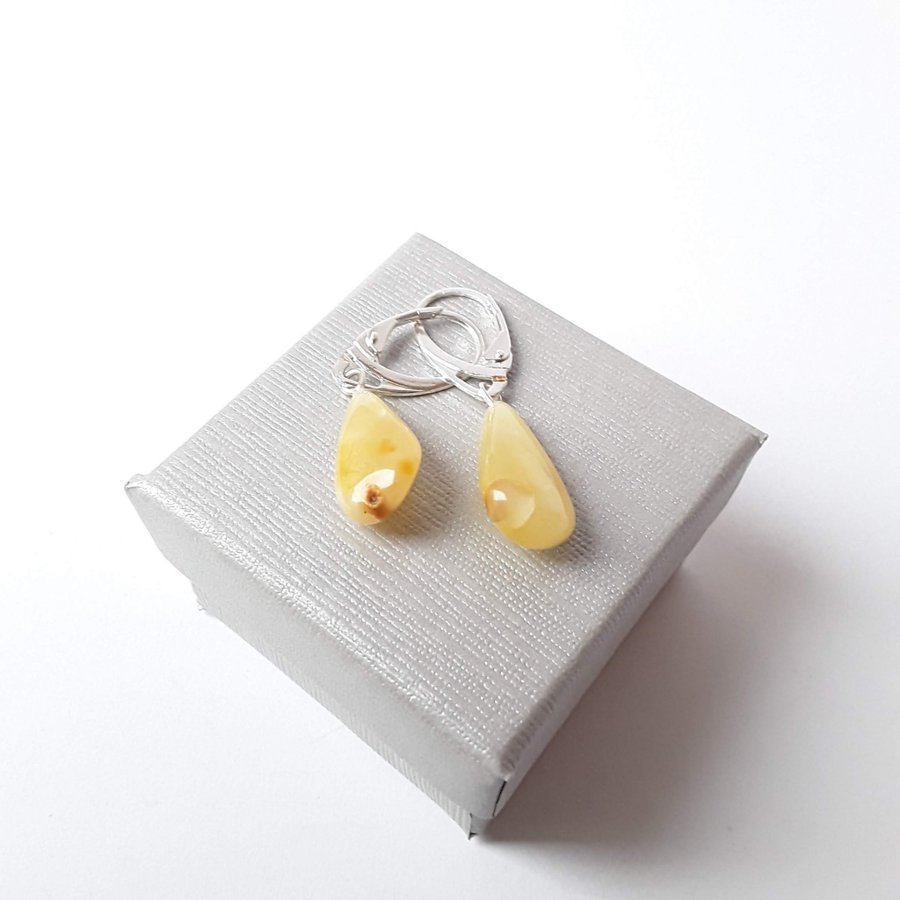 White Baltic amber gemstone dangle drop earrings Hanging gem leverback earrings