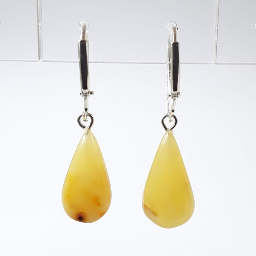 White Baltic amber gemstone dangle drop earrings Hanging gem leverback earrings