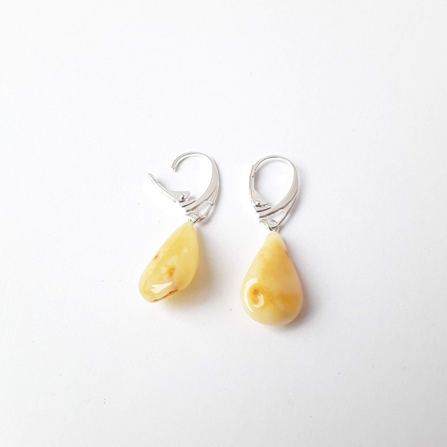 White Baltic amber gemstone dangle drop earrings Hanging gem leverback earrings