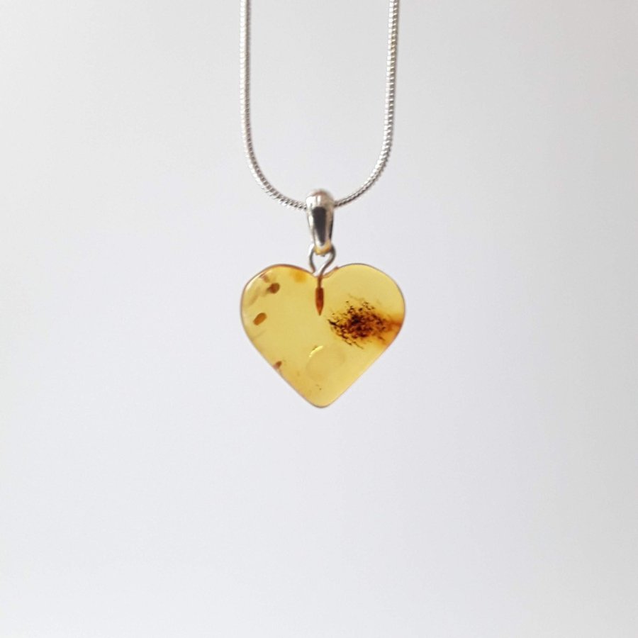 Yellow Baltic amber gemstone Heart pendant on a silver color chain Heart jewelry