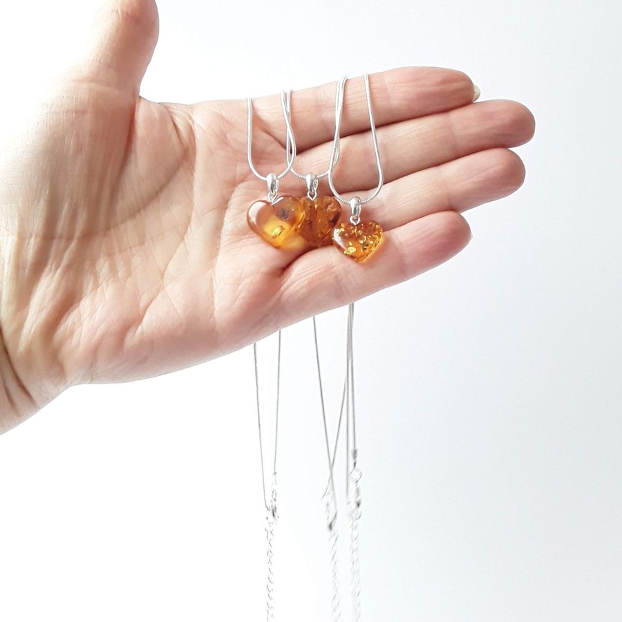 Yellow Baltic amber gemstone Heart pendant on a silver color chain Heart jewelry