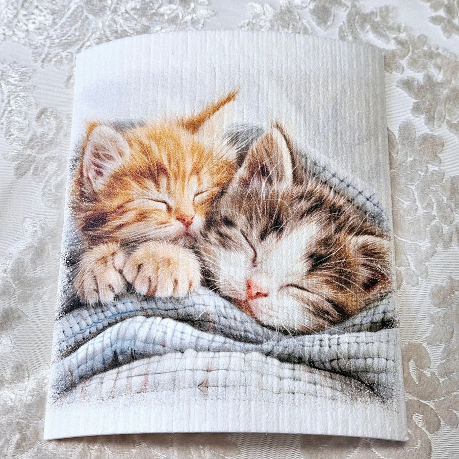 Disktrasa med tryck wettex print två ursöta kattungar sovande I pled