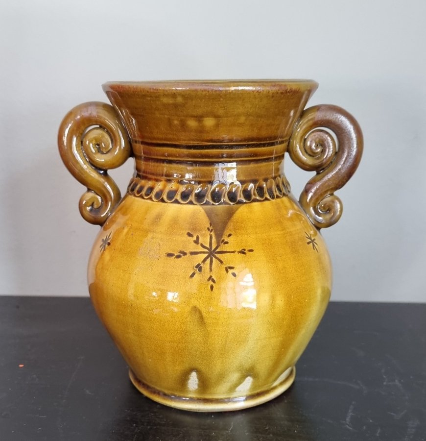 Keramik vas Vintage hänkelvas signatur Gula toner