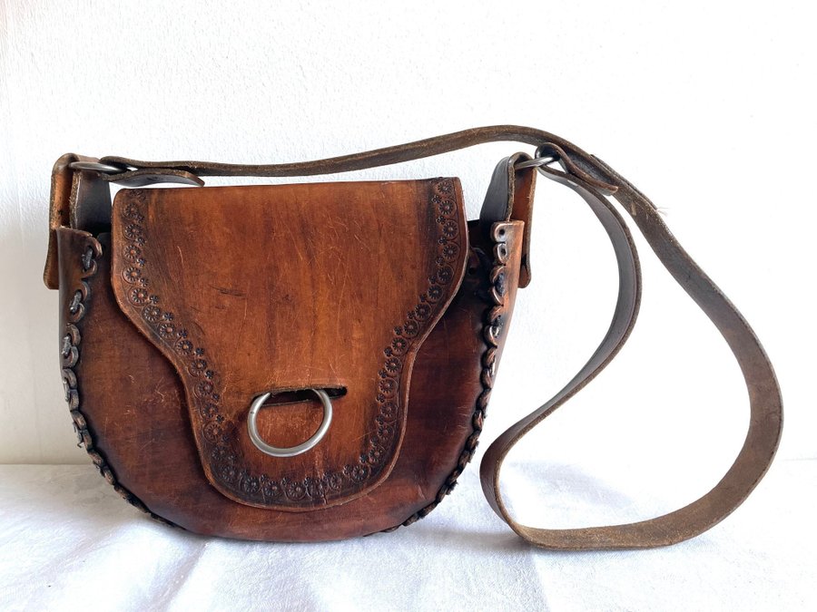 Vintage Kraftig Naturskinn Väska Skinnväska Cognac 100% Skinn Läder Hobo