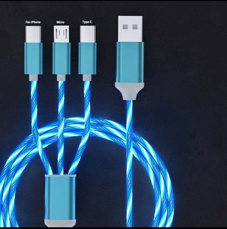 3 i 1 glödande LED-ljus 3A Micro USB Typ C-kabel för iPhone Samsung Xiaomi Redmi