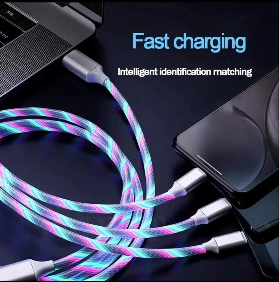 3 i 1 glödande LED-ljus 3A Micro USB Typ C-kabel för iPhone Samsung Xiaomi Redmi