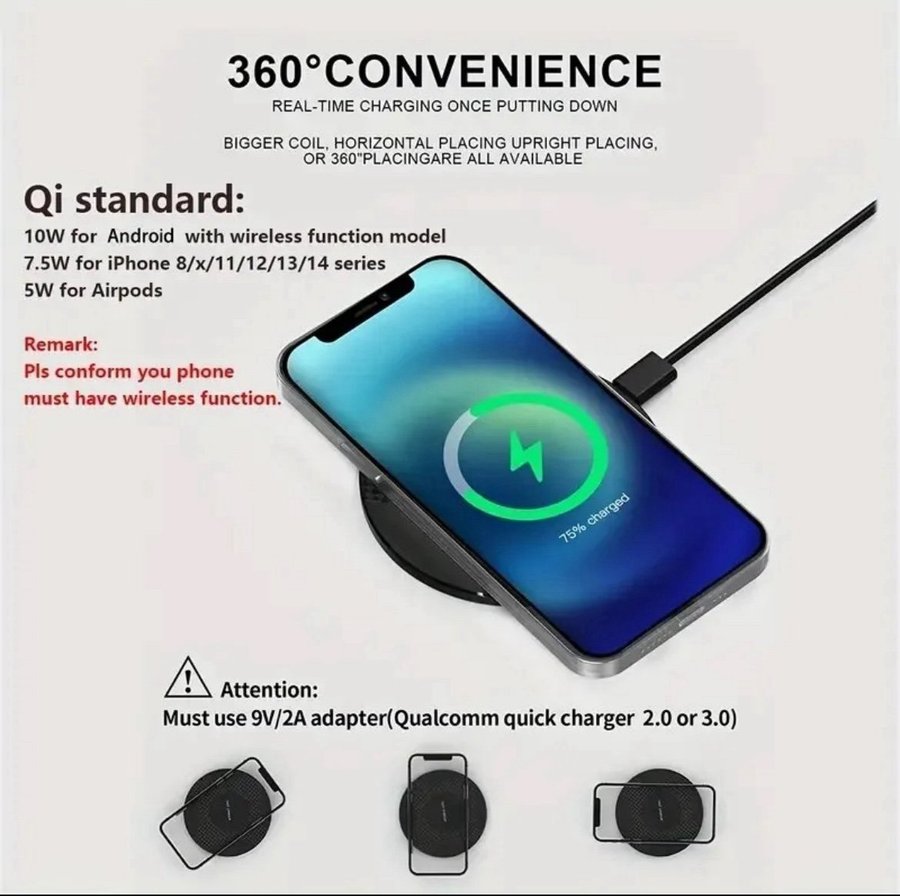 10W trådlös laddningsplatta för iPhone - Samsung Xiaomi Induction Type C trådlös