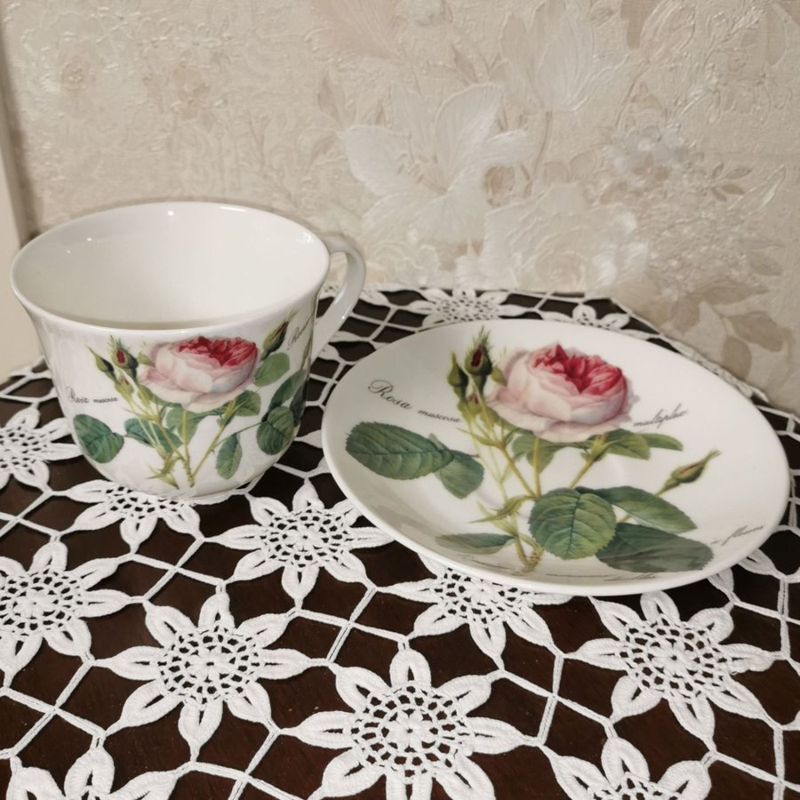 Frukostkopp / Kopp med fat / Roy Kirkham / Redoute Roses / Fine Bone China