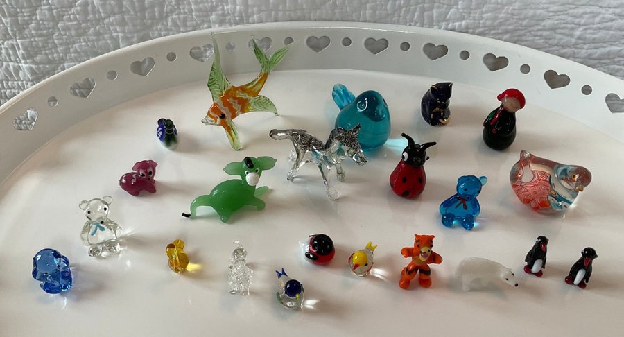 Glasfigurer Glasdjur glaskonst prydnad inredning miniatyr fågel nalle