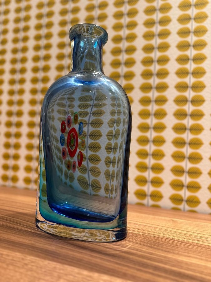 Murano Blå Kristall Flaska Vas Italien Millefiori