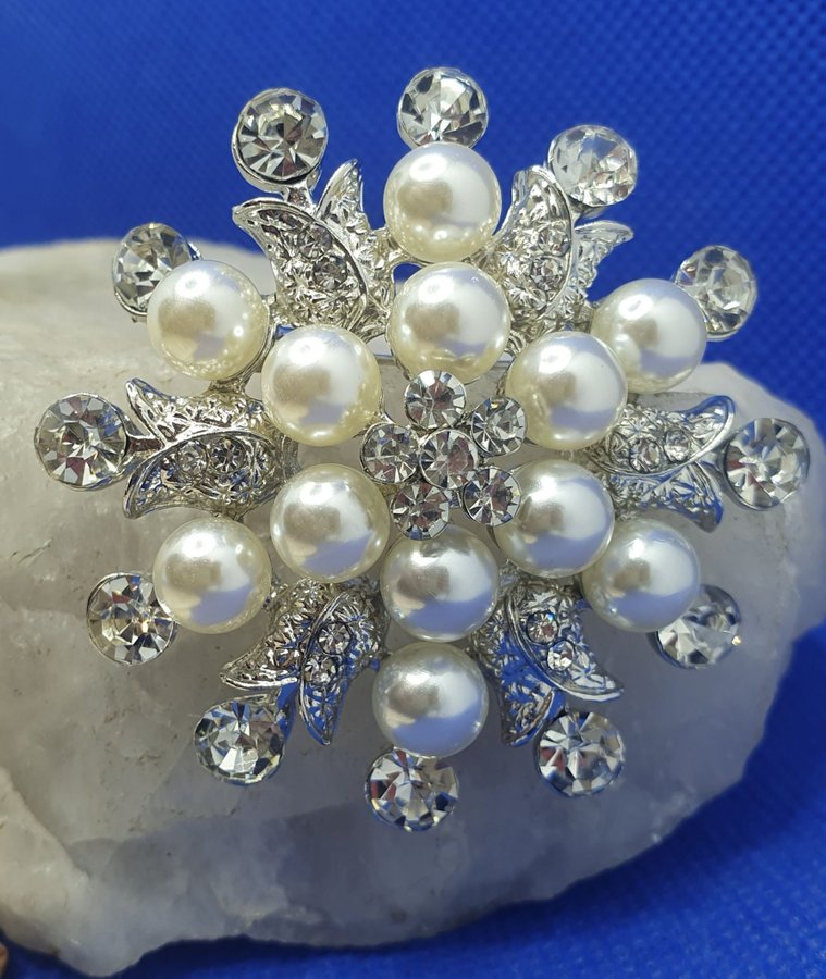 Vacker Brosch med pärlor och kristaller