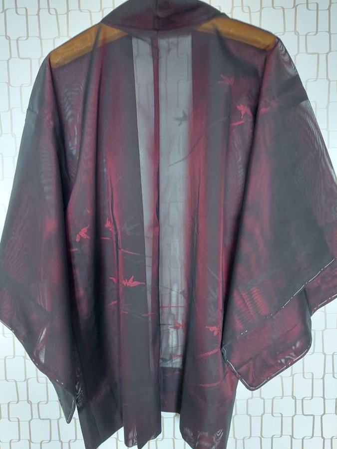 Oanvänt äkta kimono sommar jacka "HAORI" svart/rödvin transparent Japan