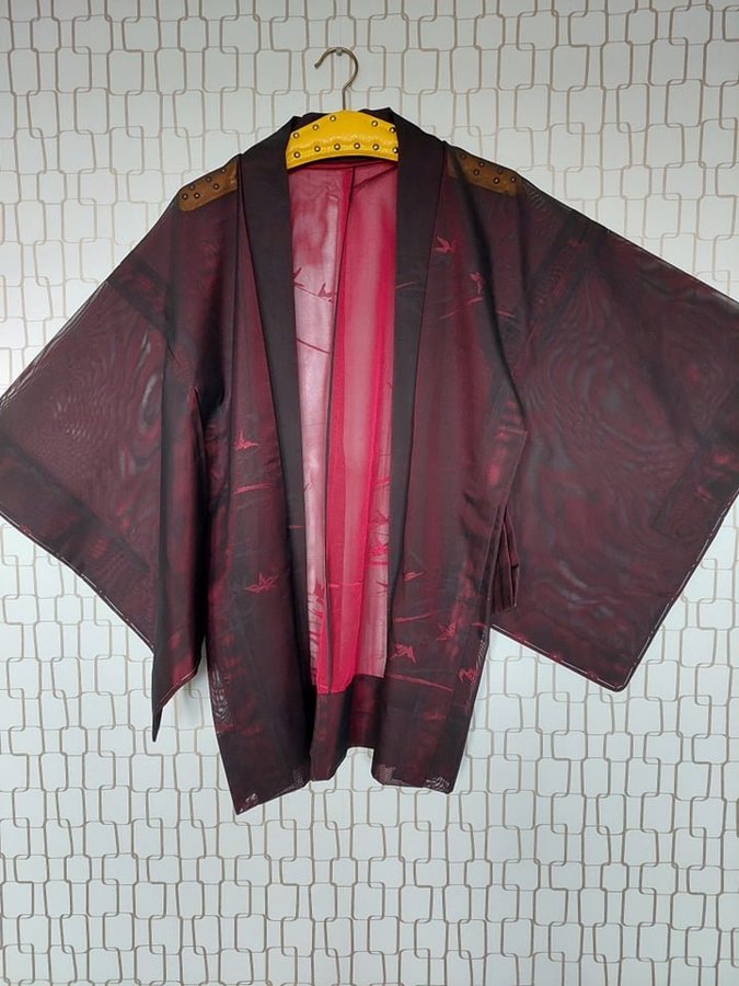 Oanvänt äkta kimono sommar jacka "HAORI" svart/rödvin transparent Japan