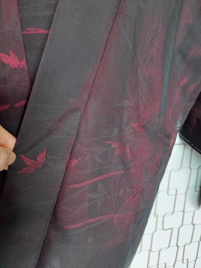 Oanvänt äkta kimono sommar jacka "HAORI" svart/rödvin transparent Japan