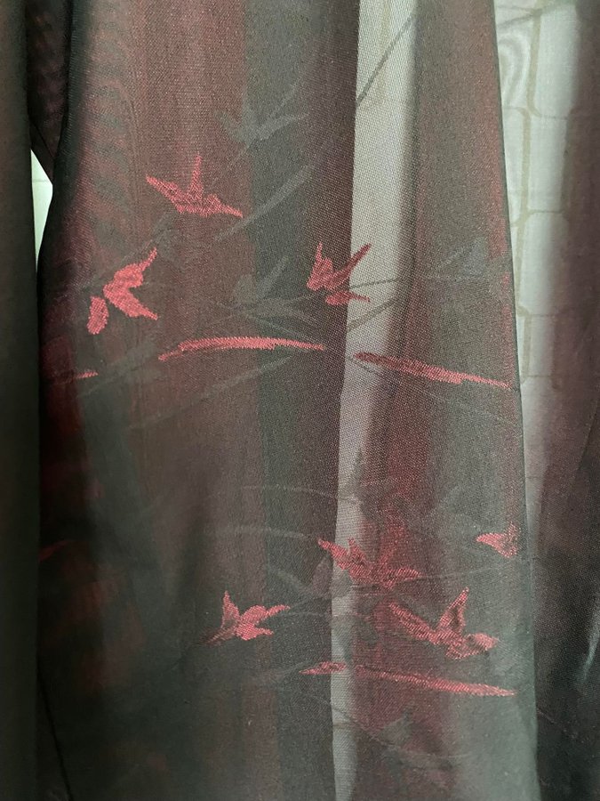 Oanvänt äkta kimono sommar jacka "HAORI" svart/rödvin transparent Japan