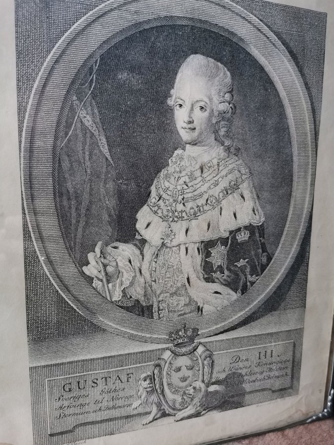 Gammal Gravyr av Gustav III efter Lorens Pasch d yGillberg 1773