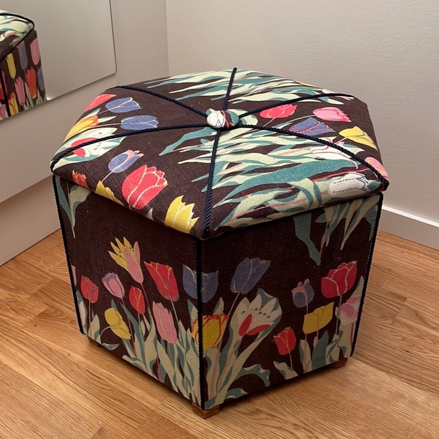 Vintage Sypall Pall  Förvaring Textil Josef Frank Svart ”Tulpaner” Svenskt Tenn