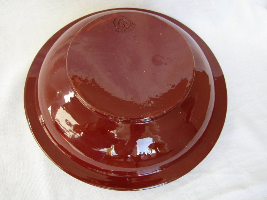 HÖGANÄS 1920-19350 antik allmoge keramik skål spillkum dekor D24cm lergods