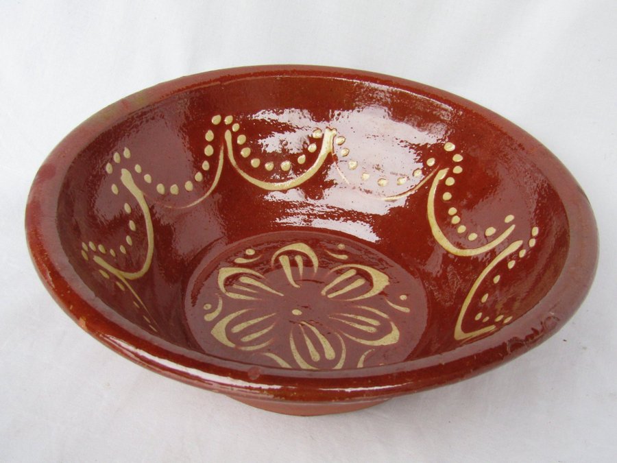 HÖGANÄS ? 1920-1930 antik allmoge keramik skål spillkum dekor D27cm lergods