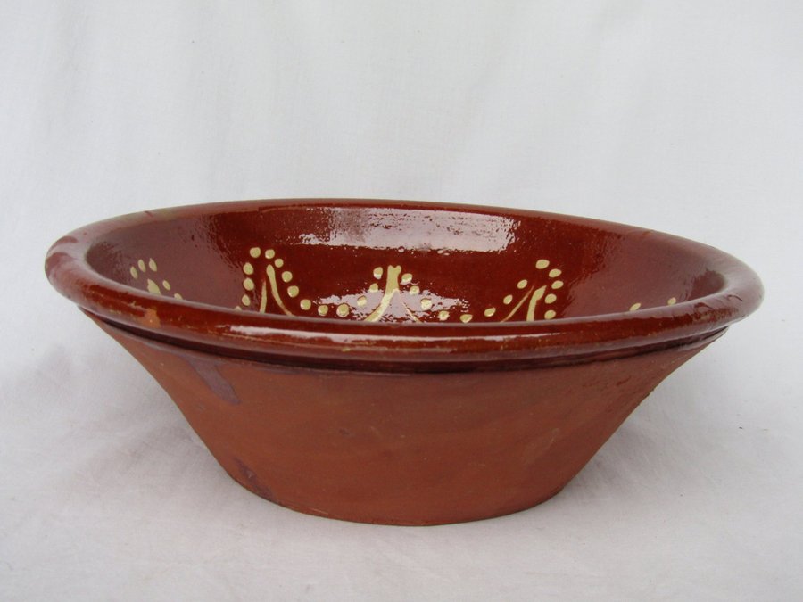 HÖGANÄS ? 1920-1930 antik allmoge keramik skål spillkum dekor D27cm lergods