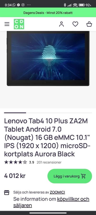 Surfplatta Lenovo Tab 4 10 Plus( som ny )WiFi TB-X704F