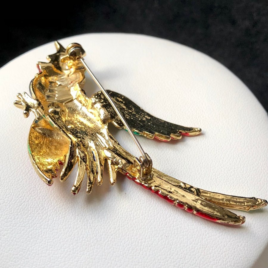 Stor emaljerad strass fågel brosch i gulmetall / guldpläterad metall