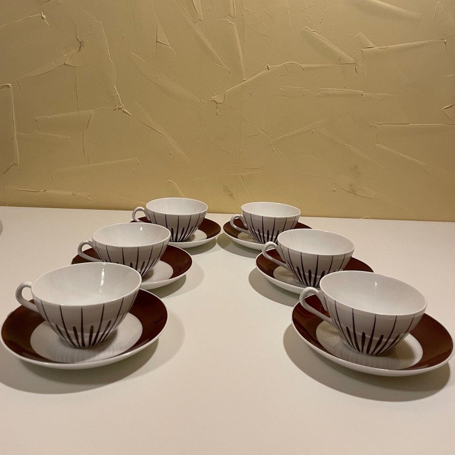 6st Unika 1950-tals Kaffekoppar med fat Gustavsberg Handmålade Benporslin