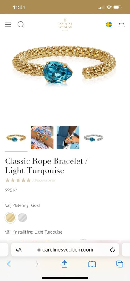 Caroline Svedbom - Classic rope bracelet i light turqouise guldigt