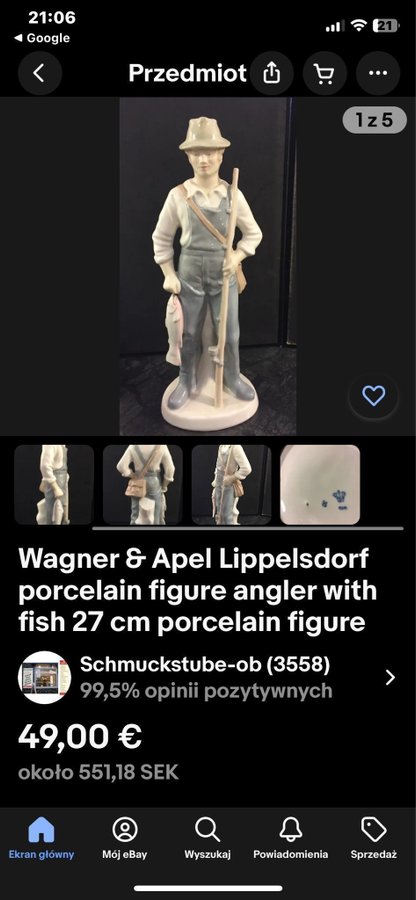 Wagner  Apel Lippelsdorf Porcelain figure angler With fisk 27cm Porcelain figur