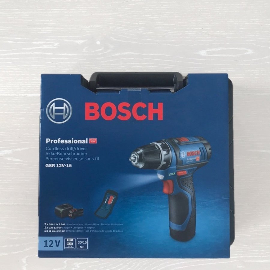 Bosch Professional GSR 12V-15 skruvdragare med 2st 20Ah batteri och box