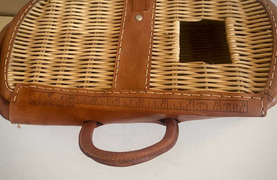 Fiskekorg picnic korg vintage retro fishing willow creel basket wicker/ leather