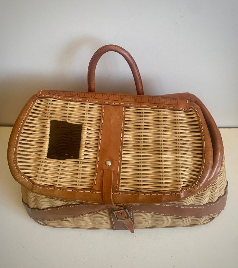 Fiskekorg picnic korg vintage retro fishing willow creel basket wicker/ leather