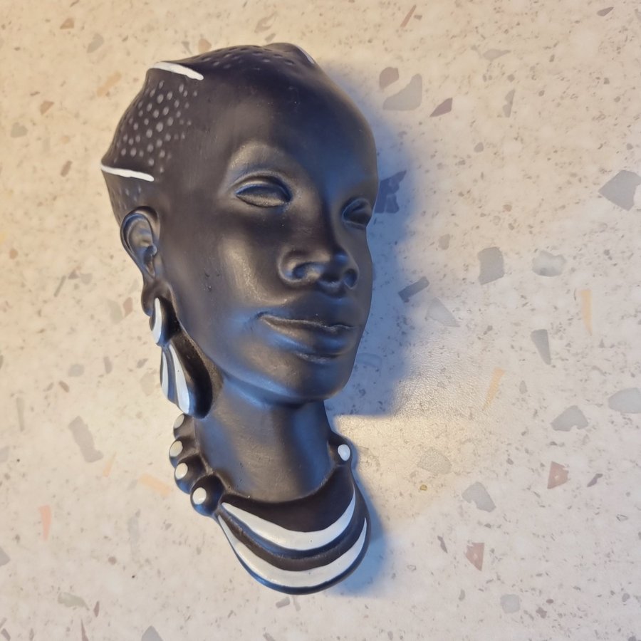 Byst keramik svart afrikansk kvinna 1950-tal ansikte Väggrelif Väggtavlor