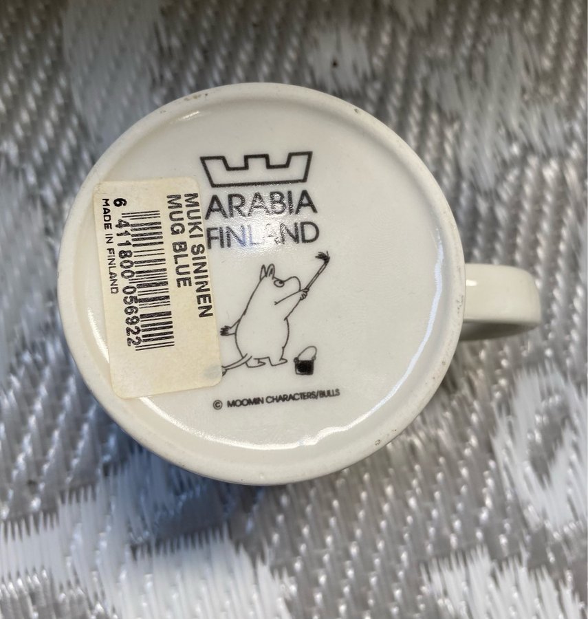 Retro: Samlarobjekt etikett Mumin 90-tal Mugg Blå ARABIA krona utgått