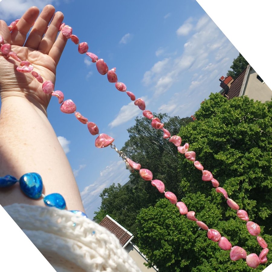 Vackert halsband av färgad snäcka rosa guld ca 80cm pärlor pärlemor