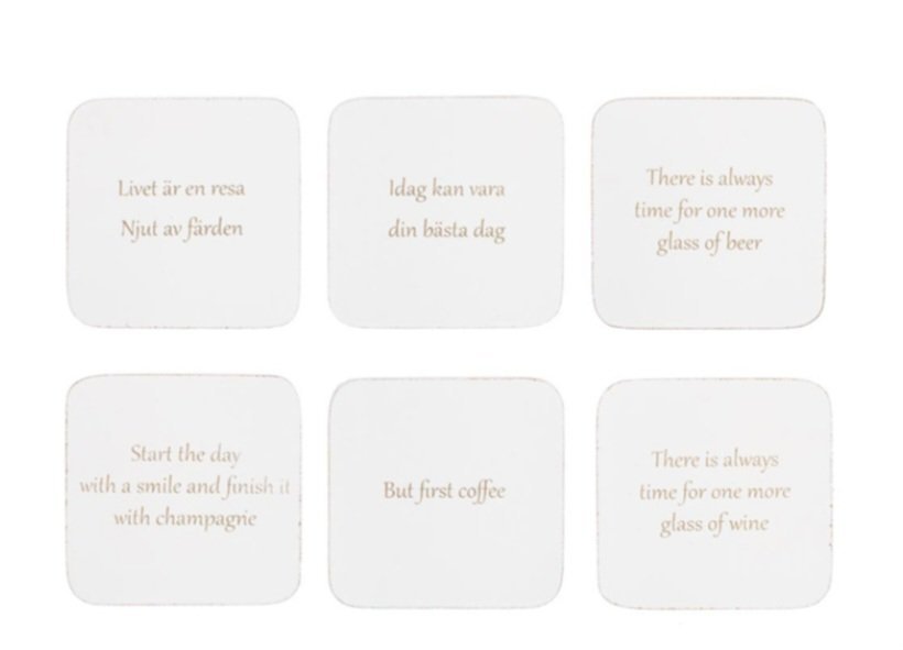 Nya Different Design 6-Pack Snygga Glasunderlägg med Olika Text i Låda