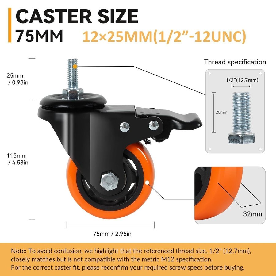 4st NYA Kraftiga hjul med broms för möbler | 72mm | M12×25 mm | Ordpris 339kr