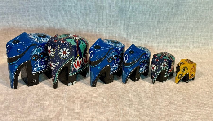 6st handmålade indiska bohemiska glada elefanter