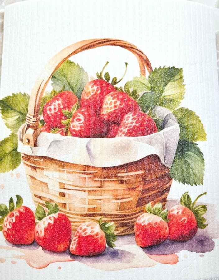 Disktrasa wettex duk med tryck jordgubbar i korg sommar bröllopspresent
