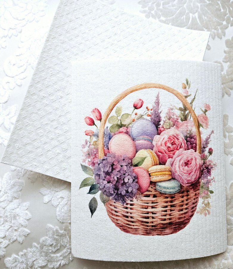 Disktrasa med tryck wettex print korg med blommor och macaron bröllopspresent