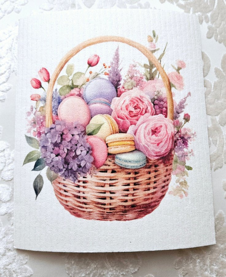 Disktrasa med tryck wettex print korg med blommor och macaron bröllopspresent