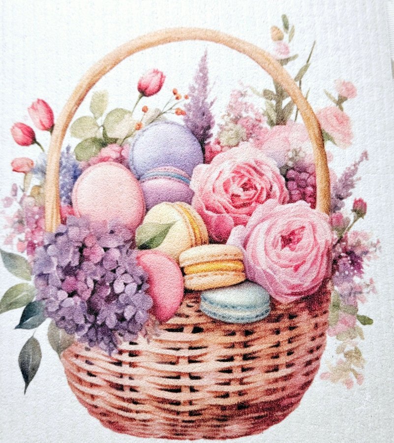 Disktrasa med tryck wettex print korg med blommor och macaron bröllopspresent