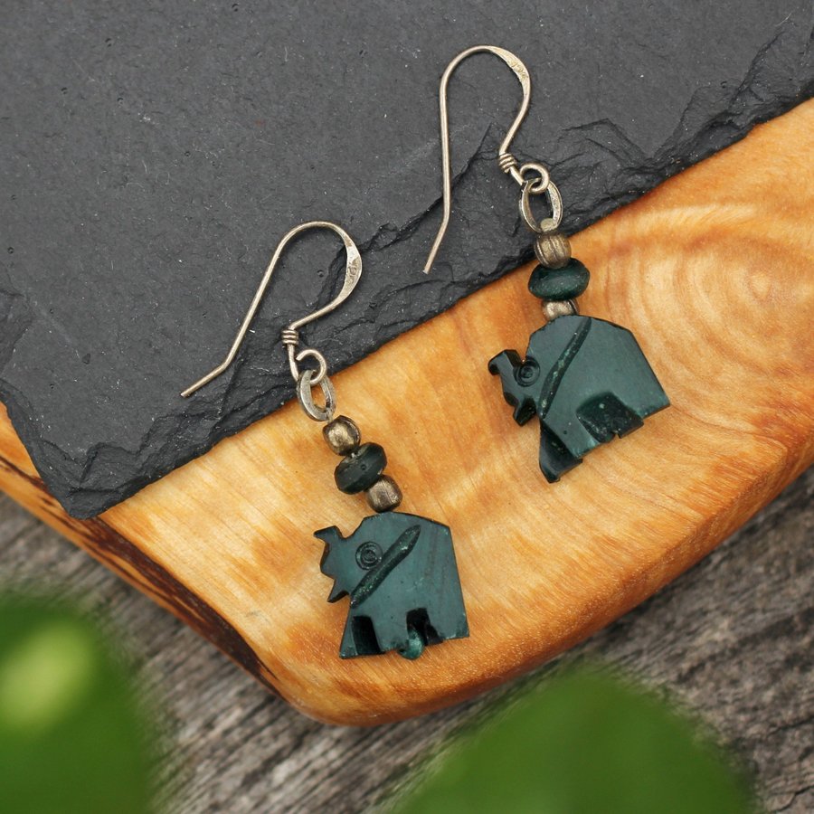 925 äkta silver örhängen grön elefant djur sterling silver bohemiska boho