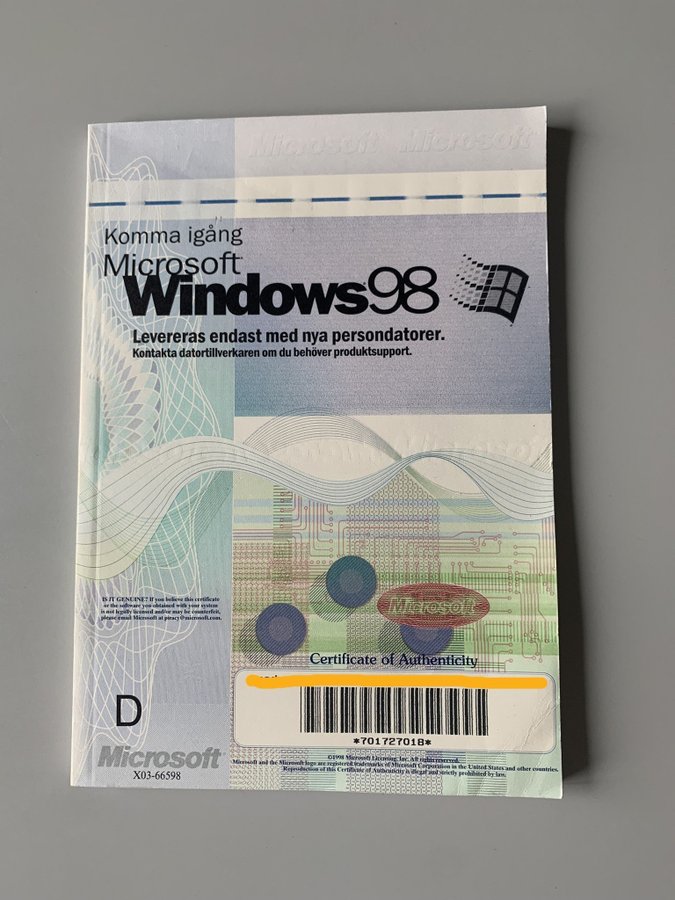 Microsoft Windows 98 - Svensk manual med produktnyckel på framsidan