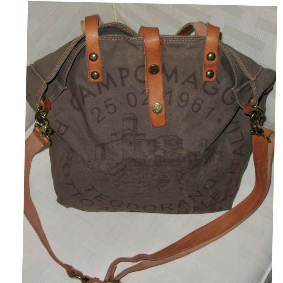 Campomaggi- printed unique Canvas bag shoulder Tote XL withe leather