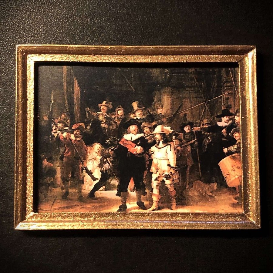 Miniatyr tavla - Nattvakten av Rembrandt 1642 - tittskåp dockskåp dockhus 1:12