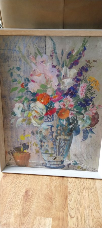 Original Niels Peter Bolt 1934 Signerad Målning Blommor Signeret Maleri Blomster